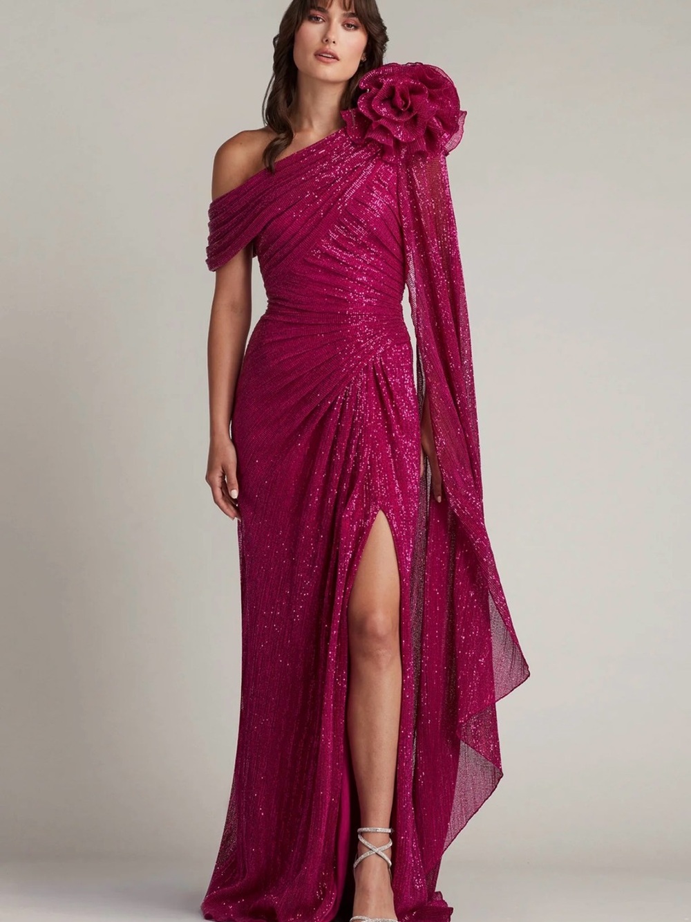 Tadashi Shoji Fuchsia One-Shoulder Sequin Gown with Floral Shoulder